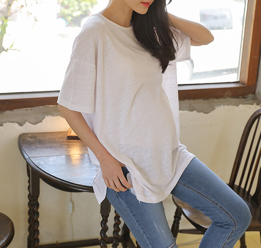 韓国マタニティウェア*ディープスリットリネン半袖Tシャツ