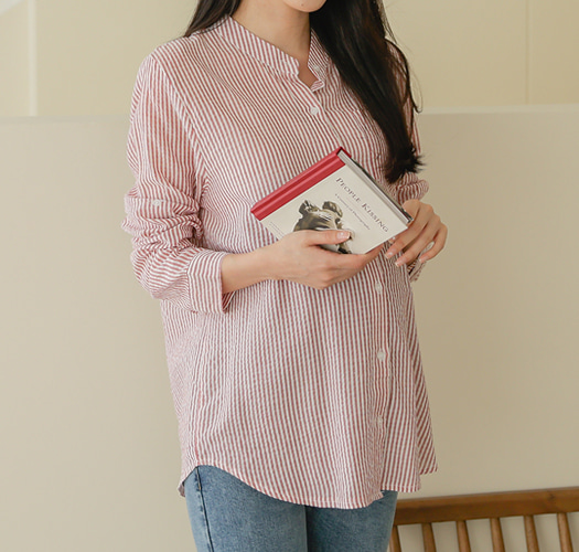 韓国マタニティウェア*ヘンリ―ネックロールアップストライプシャツ