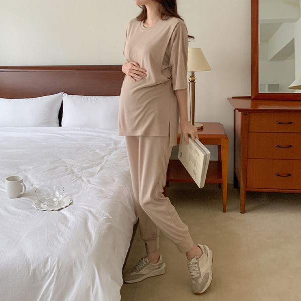 韓国授乳服*リブ編みジョガーパンツセットアップ【授乳対応】【パジャマ兼用】
