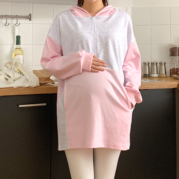 韓国マタニティウェア*ルル配色フード マタニティTシャツ (授乳可能)