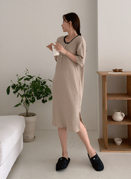 韓国授乳服*モーダルボタン半袖ワンピース【パジャマ兼用】