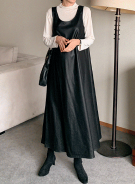 韓国マタニティワンピース*レザーフレアジャンパースカート
